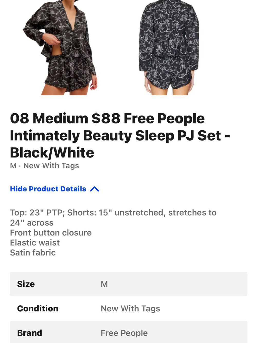 Free People Black & White Satin Floral-Print Pajama Set